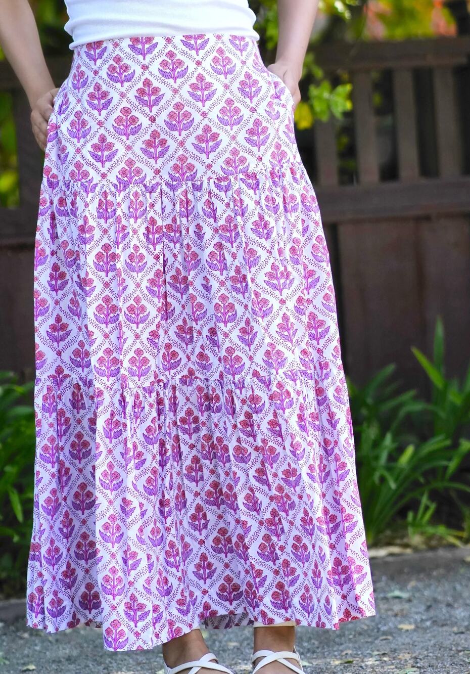 Dolma Block Printed Tiered Cotton Skirt Purple White Size Small Medium